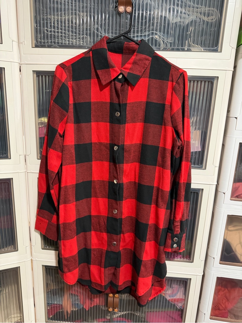 Red and Black Plaid Button-Up Shirt dress